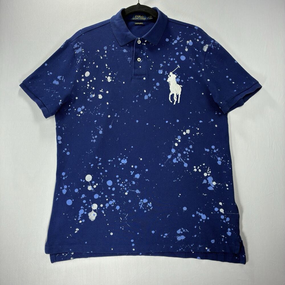 Polo Ralph Lauren Men’s M Polo Shirt Blue Paint Splatter Big Pony Custom Slim